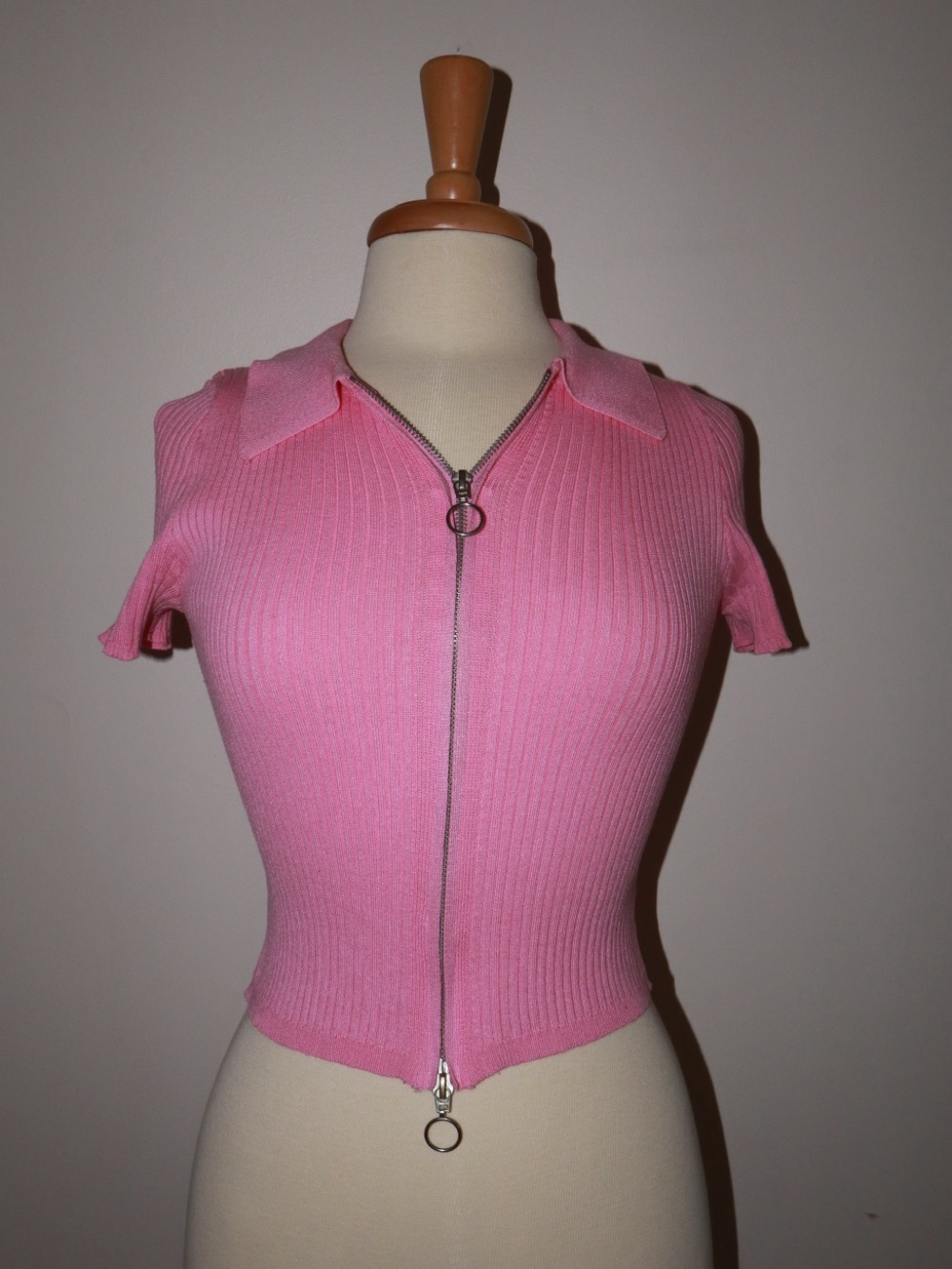 Pink Ribbed Zip-Front Polo Top